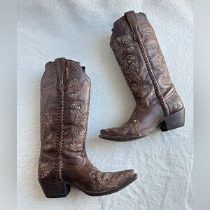 CORRAL Womens Chocolate‎ Floral Whip Stitch and Studs Snip Toe Cowboy boots 8.5